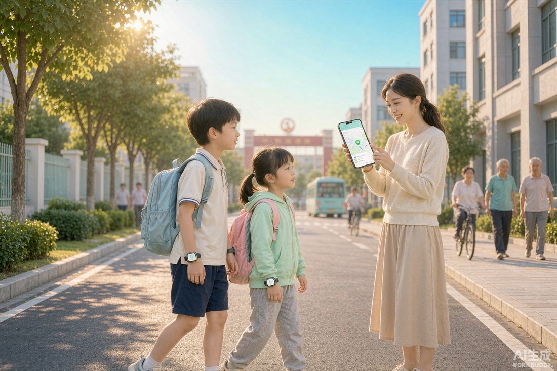 孩子背着书包上学，家长在手机上查看实时位置与到校提醒