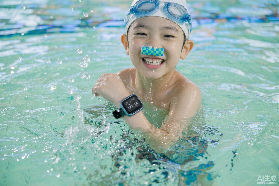 孩子佩戴防水的儿童电话手表在泳池游泳玩水